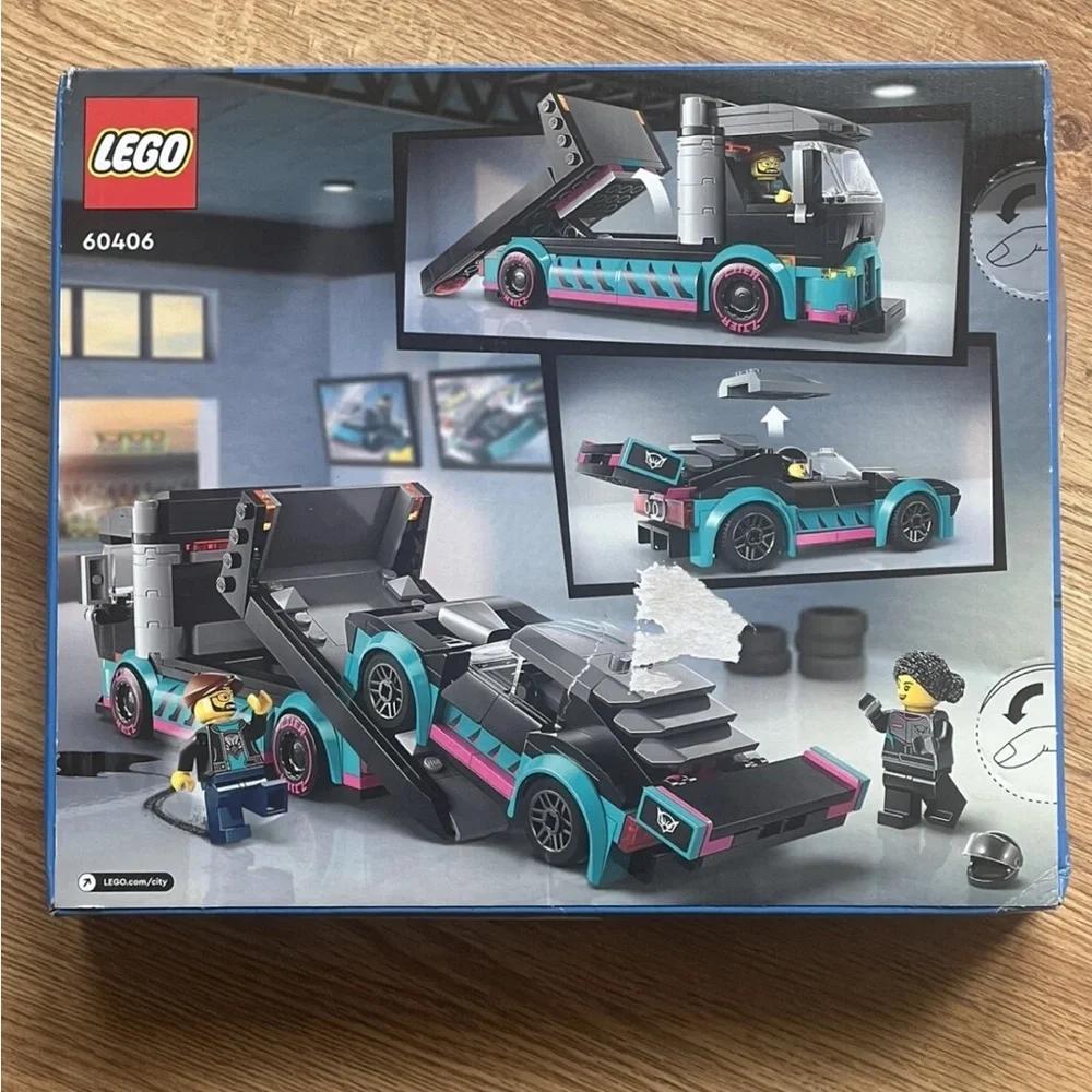 LEGO City Race Car and Carrier - Ages 6 + / 328 pcs. Black, Blue, and Pink. New!